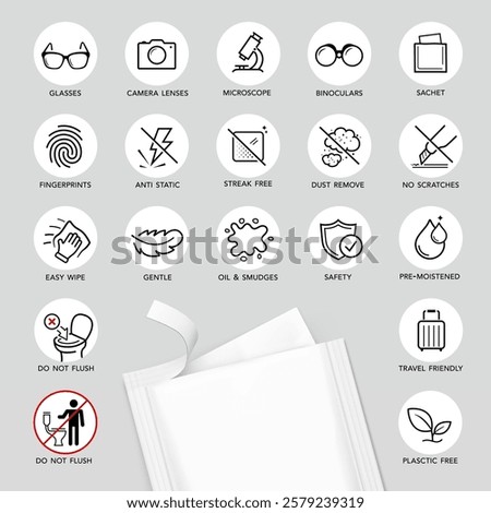 Torn sachet bag mockup for single wet wipe. Vector illustration isolated on grey background. Flat lay view. Can be use for template your design, presentation, promo, ad. EPS10.	