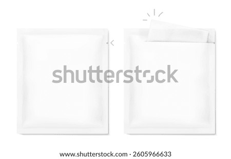Torn sachet bag mockup for single wet wipe. Vector illustration isolated on white background. Flat lay view. Can be use for template your design, presentation, promo, ad. EPS10.