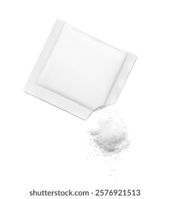 Torn sachet mockup with heap. Flat lay view. Vector illustration isolated on white background. Can be use for template your design, presentation, promo, ad. EPS10.	