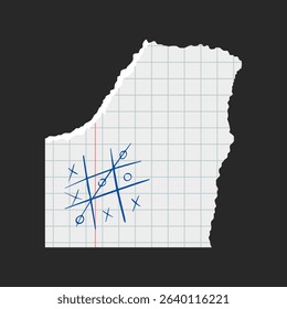 A torn school notebook sheet with a game of crosses and noughts on red fields. Torn edge of paper isolated. Vector illustration.