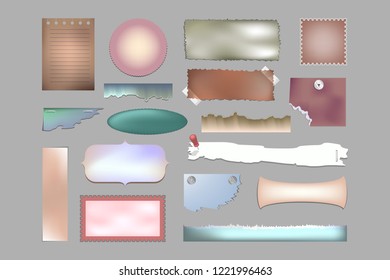 Torn scrap paper set for scrapbook. Vintage design element for collage. Retro antique piece for album. Isolated vector flat illustration