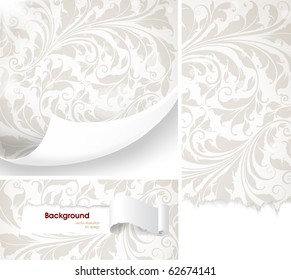 Torn seamless floral background for vintage design. Free place for text. Light ornament with abstract flowers and leafs.