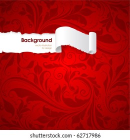 Torn seamless floral background for vintage design. Free place for text. Red ornament with abstract flowers and leafs.