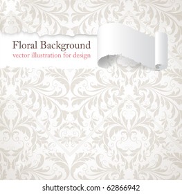 Torn seamless floral background for vintage design. Free place for text. Light ornament with abstract flowers and leafs.