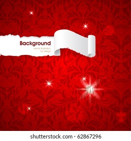 Torn seamless floral background for vintage design. Free place for text. Red ornament with abstract flowers and leafs.