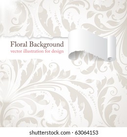 Torn seamless floral background for vintage design. Free place for text. Light ornament with abstract flowers and leafs.