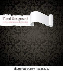 Torn seamless floral background for vintage design. Free place for text. Black ornament with abstract flowers and leafs.