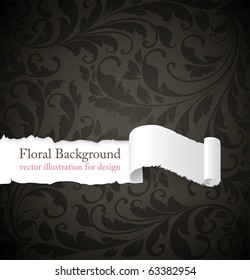 Torn seamless floral background for vintage design. Free place for text. Black ornament with abstract flowers and leafs.