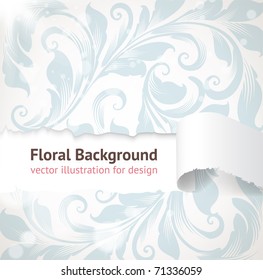 Torn seamless floral background for vintage design. Free place for text. Light ornament with abstract flowers and leafs.
