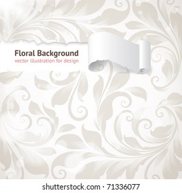Torn seamless floral background for vintage design. Free place for text. Light ornament with abstract flowers and leafs.