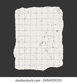 Torn sheet of checkered paper with jagged edges on dark background. Dotted textured background, noisy gritty effect. Banner template, empty space for text, torn aged element.