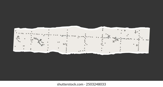 Torn sheet of checkered paper with uneven edges on a dark background. Dotted textured background, noisy gritty effect. Banner template, empty space for text, ripped vintage stripe.