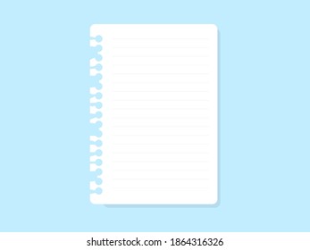 Torn sheet from notebook. Blank white stripe page with torn side edges blue background design for notifications and schedules old paper for education flat vector note and reminders.