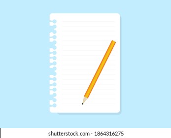 Torn sheet from notebook and pencil. Blank white stripe page with with a yellow sharpened writing and drawing tool for notifications and schedules old paper for education flat vector note reminders.