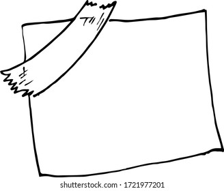 A torn sheet of paper from a notebook is attached with tape. Flat contour vector illustration. Cartoon doodle isolated on a white background.