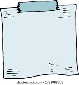 Torn sheet of paper from a notebook attached by adhesive tape. Color flat vector illustration. Cartoon isolated on a white background.