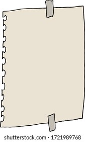 Torn sheet of paper from a notebook attached by adhesive tape. Color flat vector illustration. Cartoon isolated on a white background.