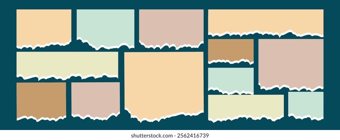 Torn sheets of color paper with jagged edges. Collection realistic ripped pieces of scrap papers. vector illustration.