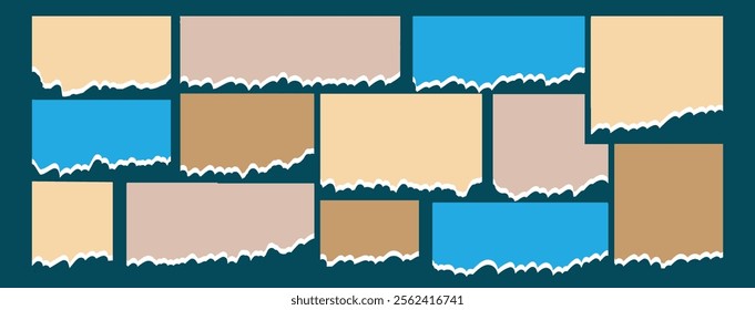 Torn sheets of color paper with jagged edges. Collection realistic ripped pieces of scrap papers. vector illustration.