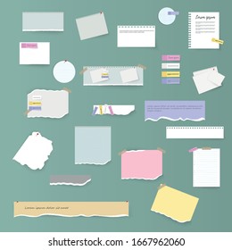 Torn sheets of notebook, multi colored sheets and pieces of torn paper. Set of torn horizontal white and colorful paper strips, notes and notebook on a gray background. Vector illustration, EPS 10.