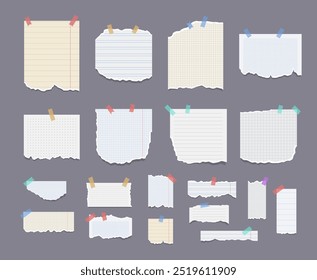 Torn sheets of notebook, multi colored sheets and pieces of torn paper. Sticky notes.