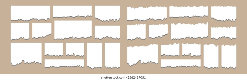 Torn sheets of paper. Light beige paper shapes with jagged uneven edges. Ripped fragments for message label, banner, collage and text box. Vector illustration