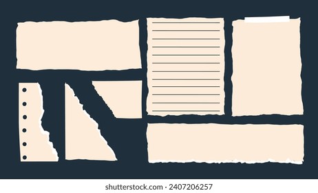 Láminas rotas de papel. Tiras rotas de papel blanco y a cuadros. Ilustración vectorial. 