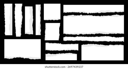 Torn sheets of paper. A set of torn paper and strips of paper on a dark background. Vector illustration.