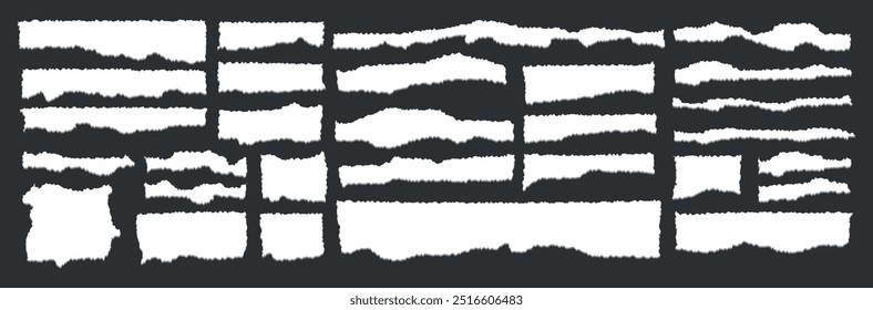 Torn sheets of paper. Torn paper strips set. White ripped paper strips collection. Realistic paper scraps with torn edges. Sticky notes, shreds of notebook pages. Vector illustration. A set of torn
