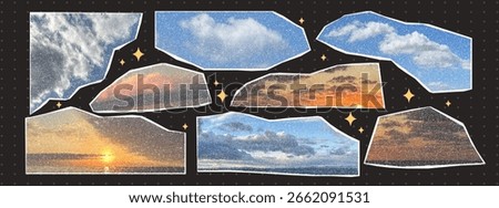 Torn sky collage with halftone photocopy effect. Cloud and sunset fragments with vintage dotted texture and golden stars. Vector pop art illustration