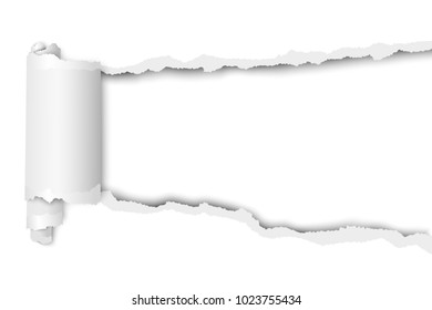 Torn, snatched hole in sheet of white paper. Vector template paper design.