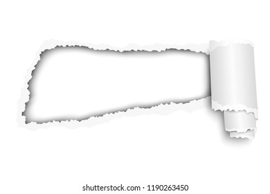 Torn, snatched hole in sheet of white paper with soft shadow and paper curl. Vector paper mockup.