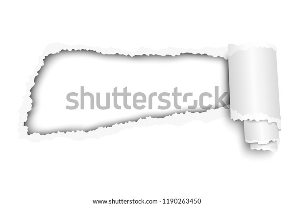 Torn, snatched hole in sheet\
of white paper with soft shadow and paper curl. Vector paper\
mockup.