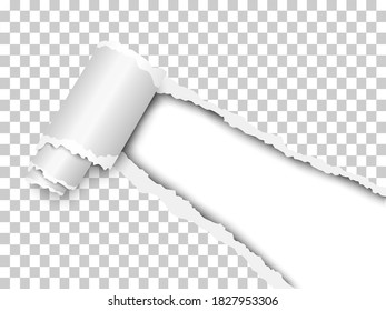 Torn, snatched window placed diagonally in sheet of checkered transparent paper with paper curl. White background of the resulting hole. Vector template paper design.