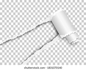 Torn, snatched window placed diagonally from lower left corner in checkered transparent paper with paper curl. Transparent background of the resulting hole. Vector template paper design.