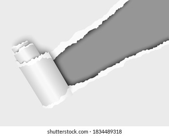 Torn, snatched window placed diagonally from upper right corner in vector white paper with paper curl. Dark gray background of the resulting hole. 