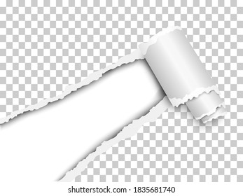 Torn, snatched window placed diagonally from lower left corner in checkered transparent paper with paper curl. White background of the resulting hole. Vector template paper design.