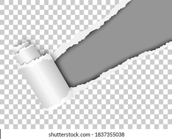 Torn, snatched window placed diagonally from upper right corner in sheet of checkered transparent paper with paper curl. Dark gray background of the resulting hole. Vector template paper design.