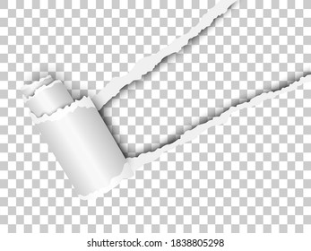 Torn, snatched window placed diagonally from upper right corner in checkered transparent paper with paper curl. Transparent background of the resulting hole. Vector template paper design.