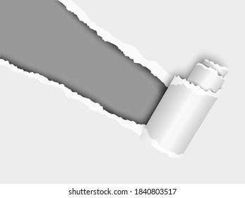 Torn, snatched window placed diagonally from upper left corner in white paper with paper curl. Dark gray background of the resulting hole. Vector template paper design.