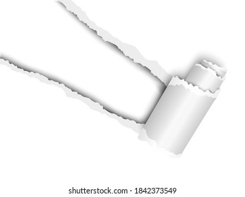 Torn, snatched window placed diagonally from upper left corner in white paper with paper curl. White background of the resulting hole. Vector template paper design.