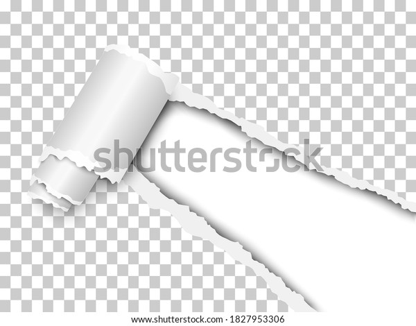 Torn, snatched window\
placed diagonally in sheet of checkered transparent paper with\
paper curl. White background of the resulting hole. Vector template\
paper design.