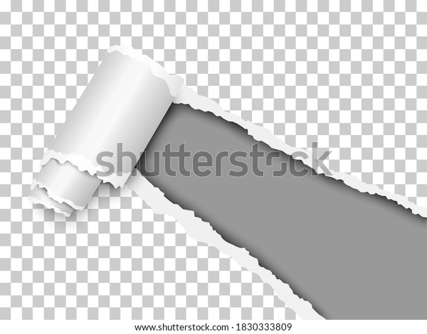 Torn, snatched window placed diagonally from\
lower right corner in sheet of checkered transparent paper with\
paper curl. Dark gray background of the resulting hole. Vector\
template paper design.