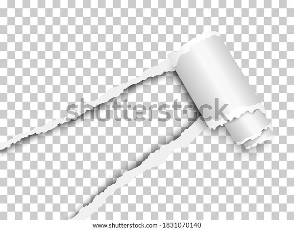 Torn, snatched window placed diagonally from\
lower left corner in checkered transparent paper with paper curl.\
Transparent background of the resulting hole. Vector template paper\
design.
