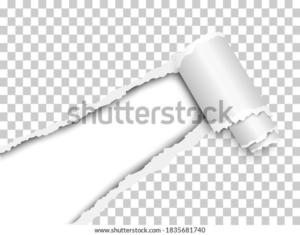 Torn,\
snatched window placed diagonally from lower left corner in\
checkered transparent paper with paper curl. White background of\
the resulting hole. Vector template paper\
design.