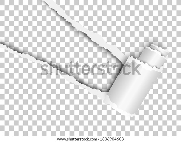 Torn, snatched window placed diagonally from\
upper left corner in checkered transparent paper with paper curl.\
Transparent background of the resulting hole. Vector template paper\
design.