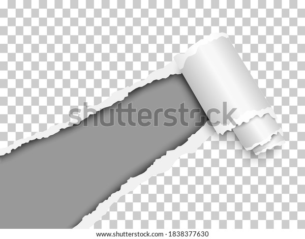 Torn, snatched window placed diagonally from
lower left corner in sheet of checkered transparent paper with
paper curl. Dark grey background of the resulting hole. Vector
template paper design.