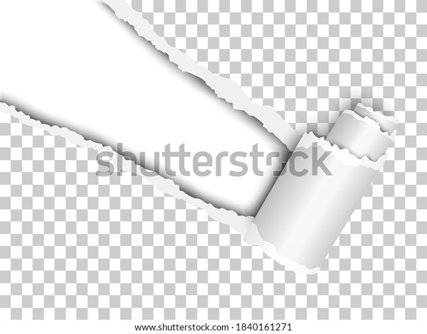 Torn, snatched window placed diagonally from\
upper left corner in checkered transparent vector paper with paper\
curl. White background of the resulting hole. Template paper\
design.
