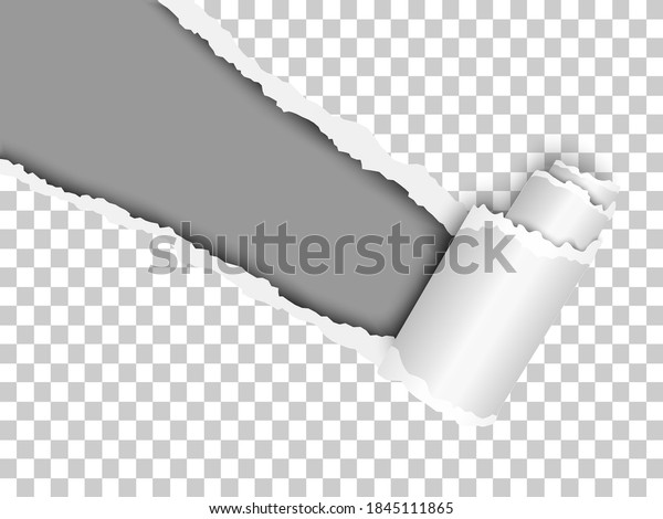 Torn, snatched window placed diagonally\
from upper left corner in sheet of checkered transparent paper with\
paper curl. Dark gray background of the resulting hole. Vector\
illustration.