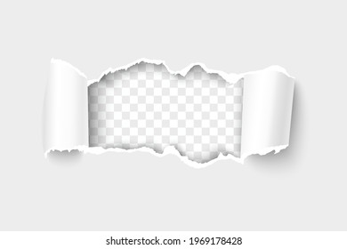 Torn snatched window in sheet with curl sides isolated on transparent paper. Template hole paper design